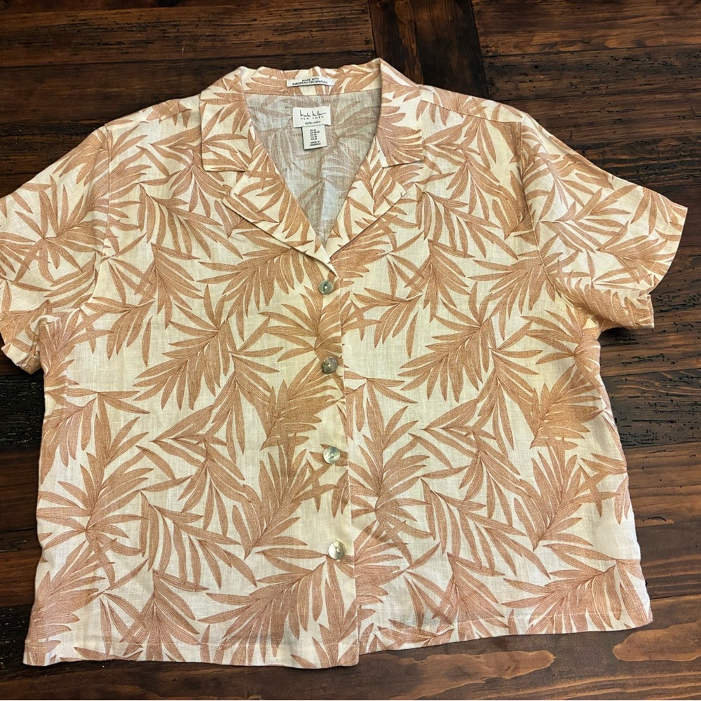 Nicole Miller Medium Tan Brown Linen Palm Leaf Button Up Shirt Neutral Summer M